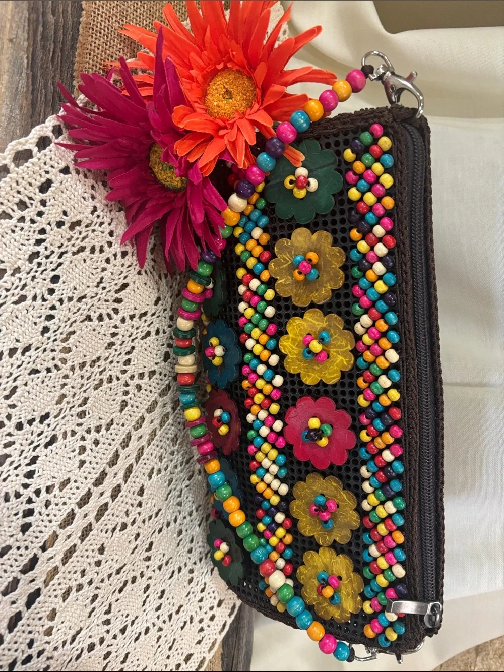 Boho Floral Beaded Wristlet Clutch in Multicolor